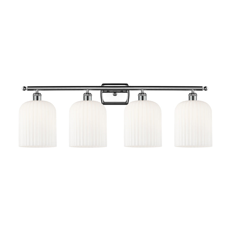Innovations Bridal Veil 35in 4-Light Bath Vanity Light | Art Nouveau Polished Chrome and Gloss White Ribbed Glass | Damp Rated | Model 516-4W-PC-G559-8GWH