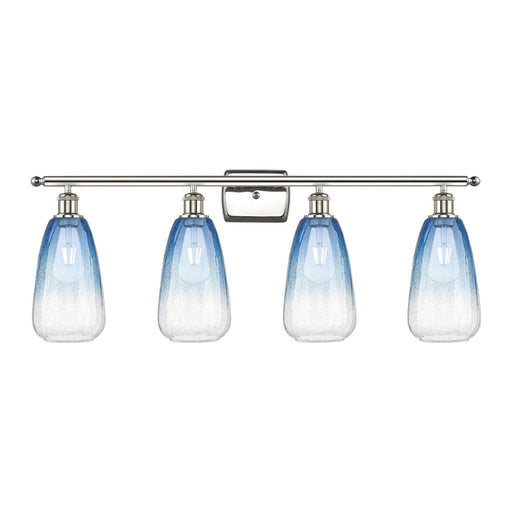 Innovations Brookhaven Almond 36in 4-Light Bath Vanity Light | Industrial Polished Nickel Steel and Sapphire Blue Glass | Model 516-4W-PN-G480-6SB
