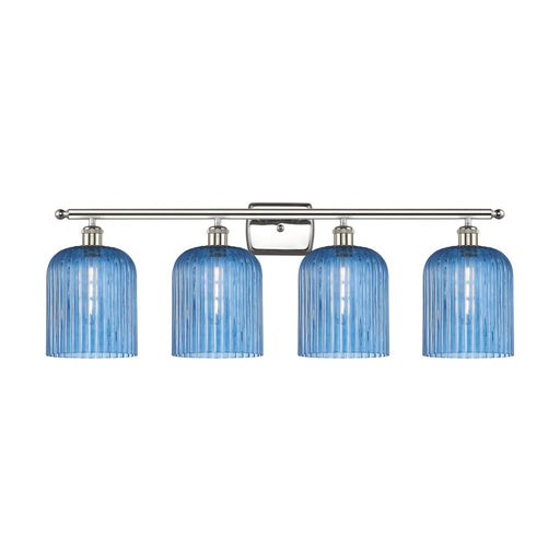 Innovations Bridal Veil 35in 4-Light Bath Vanity Light | Art Nouveau Polished Nickel and Princess Blue Ribbed Glass | Bathroom | Model 516-4W-PN-G559-8BL