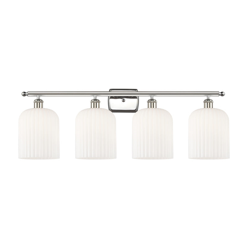 Innovations Bridal Veil 35in 4-Light Bath Vanity Light | Art Nouveau Polished Nickel and Gloss White Ribbed Glass | Bathroom | Model 516-4W-PN-G559-8GWH