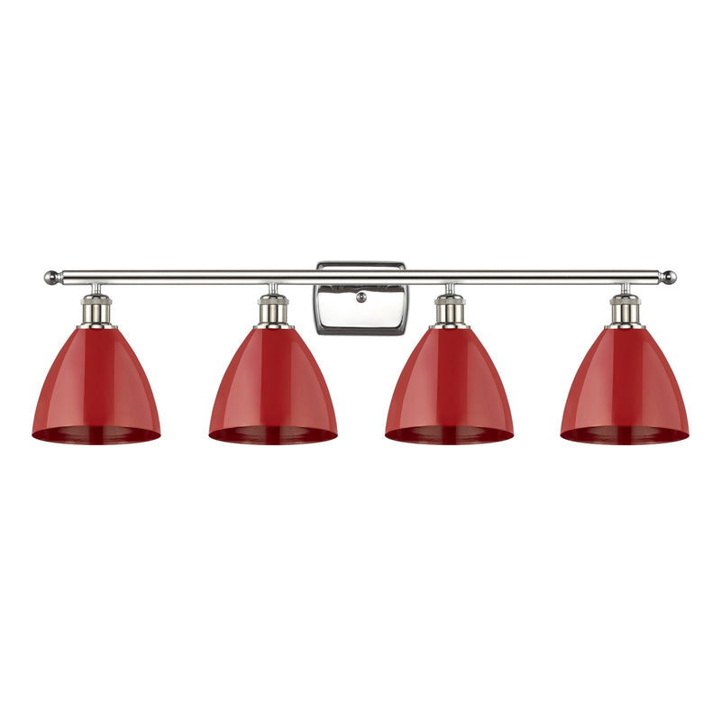 Innovations Plymouth 37.5in 4-Light Bath Vanity Light | Industrial Farmhouse Polished Nickel and Matte Red Metal Shade | Model 516-4W-PN-MBD-75-RD-LED
