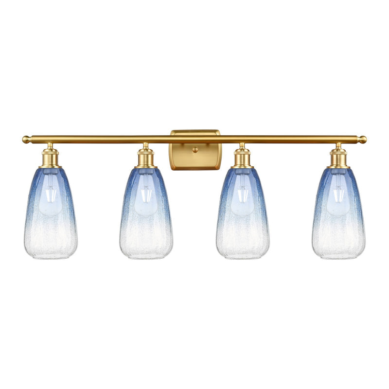Innovations Brookhaven Almond 36in 4-Light Bath Vanity Light | Industrial Satin Gold Steel and Sapphire Blue Glass | Bathroom | Model 516-4W-SG-G480-6SB