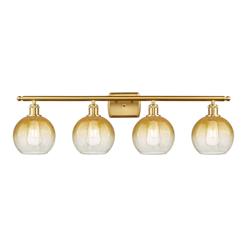 Innovations Brookhaven Globe 38in 4-Light Bath Vanity | Industrial Satin Gold Steel and Cast Brass with Amber Glass | Bathroom | Model 516-4W-SG-G483-8AM