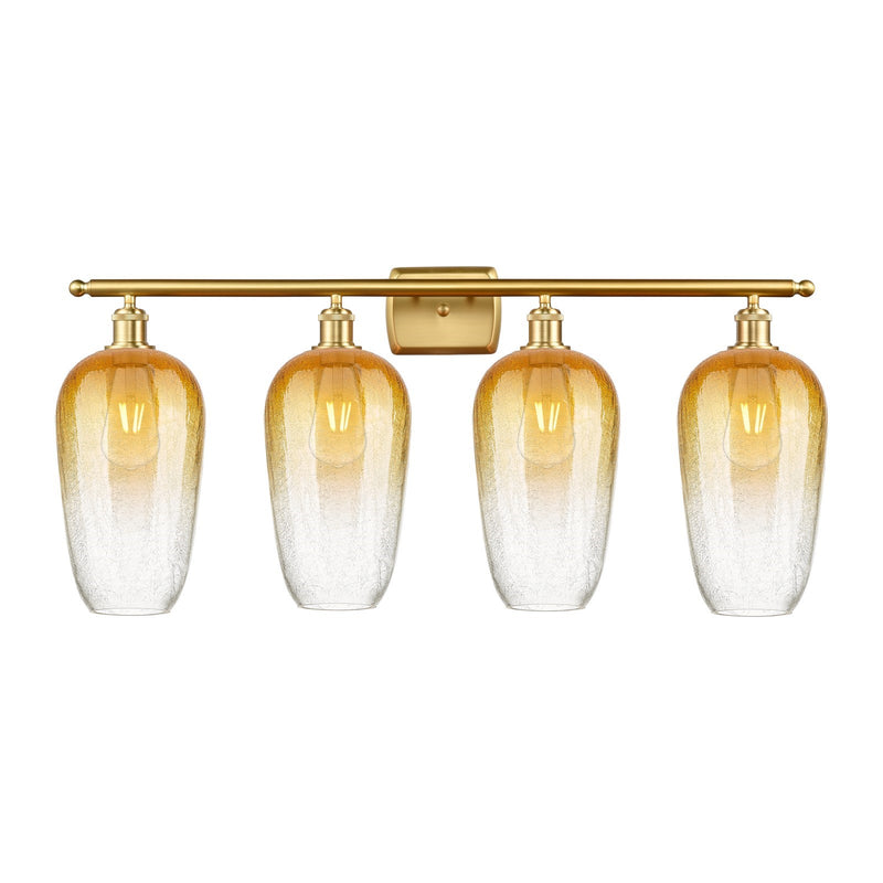 Innovations Brookhaven Flute 37in 4-Light Bath Vanity Light | Industrial Satin Gold Steel and Amber Glass | Damp Rated Bathroom | Model 516-4W-SG-G484-7AM