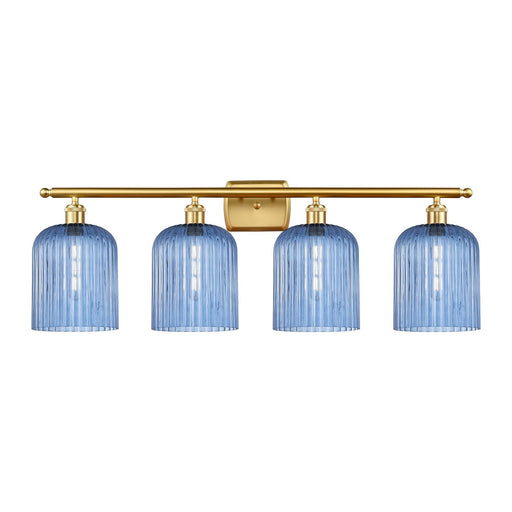 Innovations Bridal Veil 35in 4-Light Bath Vanity Light | Art Nouveau Satin Gold Steel and Princess Blue Ribbed Glass | Bathroom | Model 516-4W-SG-G559-8BL