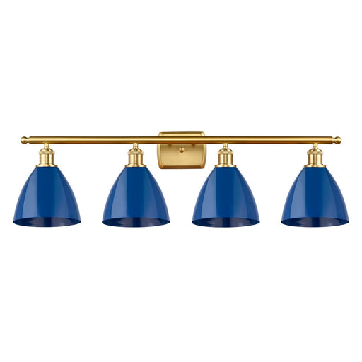 Innovations Plymouth 38in 4-Light Bath Vanity Light | Industrial Farmhouse Satin Gold Steel and Matte Blue Metal Shade | Model 516-4W-SG-MBD-75-BL