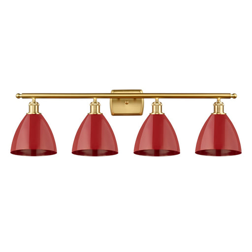 Innovations Plymouth 38in 4-Light Bath Vanity Light | Industrial Farmhouse Satin Gold Steel and Matte Red Metal Shade | Model 516-4W-SG-MBD-75-RD