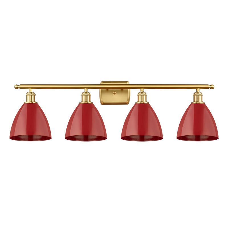 Innovations Plymouth 37.5in 4-Light Bath Vanity | Industrial Farmhouse Satin Gold Steel and Matte Red Metal Shade | Model 516-4W-SG-MBD-75-RD-LED