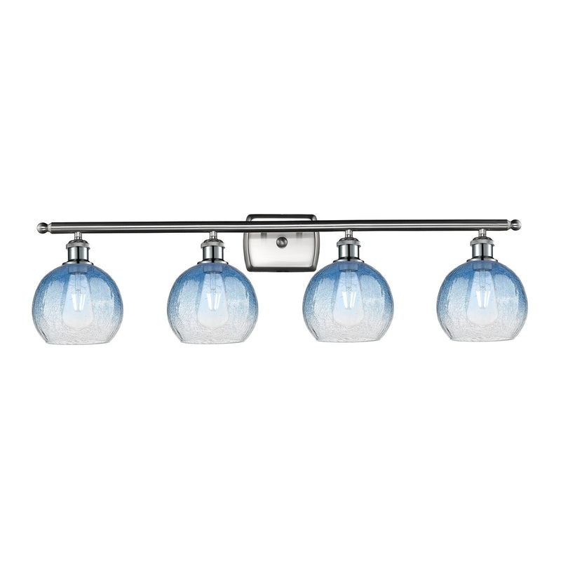 Innovations Brookhaven Globe 38in 4-Light Bath Vanity Light | Industrial Brushed Satin Nickel and Sapphire Blue Glass | Model 516-4W-SN-G483-8SB