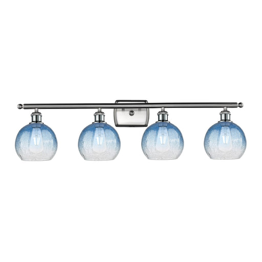 Innovations Brookhaven Globe 38in 4-Light Bath Vanity Light | Industrial Brushed Satin Nickel and Sapphire Blue Glass | Model 516-4W-SN-G483-8SB
