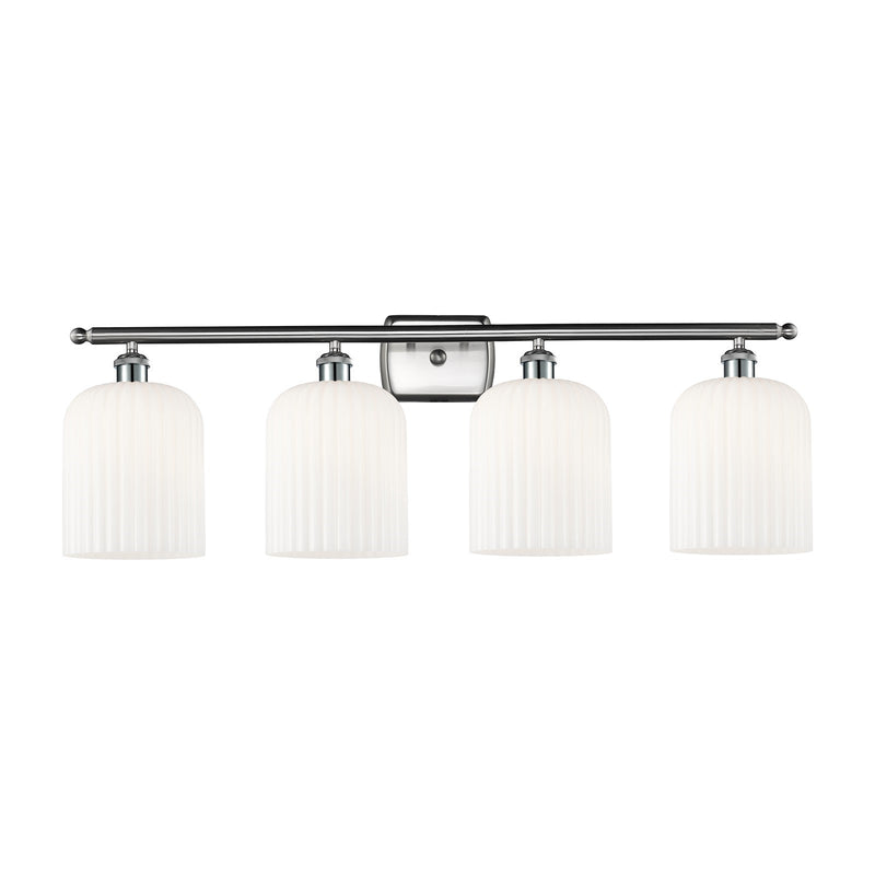 Innovations Bridal Veil 35in 4-Light Bath Vanity Light | Art Nouveau Brushed Satin Nickel and Gloss White Ribbed Glass | Model 516-4W-SN-G559-8GWH