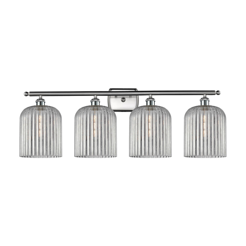 Innovations Bridal Veil 35in 4-Light Bath Vanity Light | Art Nouveau Industrial Brushed Satin Nickel and Light Smoke Ribbed | Model 516-4W-SN-G559-8SM