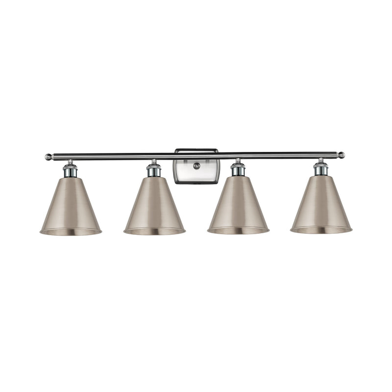 Innovations Berkshire 38in 4-Light Bath Vanity Light | Industrial Farmhouse Brushed Satin Nickel Steel and Metal Shade | Model 516-4W-SN-MBC-8-SN