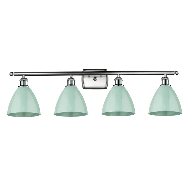 Innovations Plymouth 38in 4-Light Bath Vanity Light | Industrial Farmhouse Brushed Satin Nickel and Matte Seafoam Metal Shade | Model 516-4W-SN-MBD-75-SF