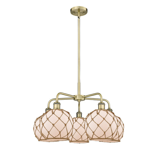 Innovations Farmhouse Rope 27in 5-Light Chandelier | Industrial Antique Brass Steel and White Frosted Glass with Brown Rope | Model 516-5CR-AB-G121-8RB