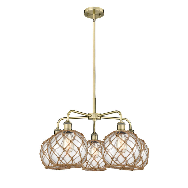 Innovations Farmhouse Rope 27in 5-Light Chandelier | Industrial Antique Brass and Clear Glass with Brown Rope | Dining Room & | Model 516-5CR-AB-G122-8RB