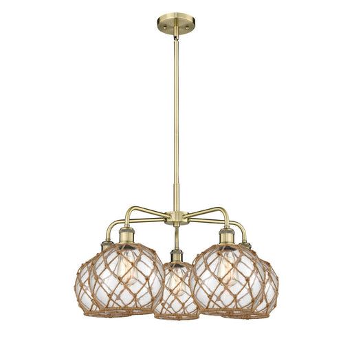 Innovations Farmhouse Rope 27in 5-Light Chandelier | Industrial Antique Brass and Clear Glass with Brown Rope | Dining Room & | Model 516-5CR-AB-G122-8RB