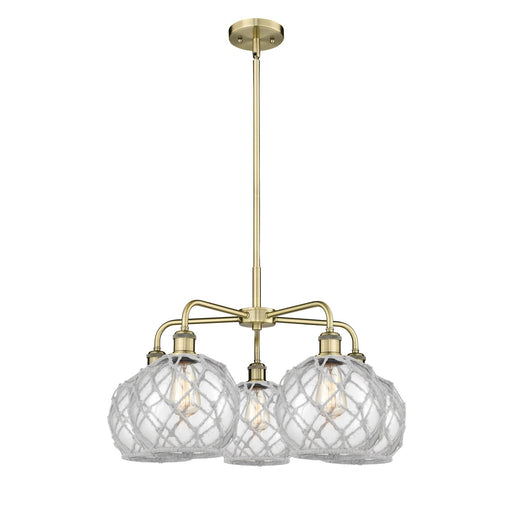 Innovations Farmhouse Rope 27in 5-Light Chandelier | Industrial Antique Brass and Clear Glass with White Rope | Dining Room & | Model 516-5CR-AB-G122-8RW