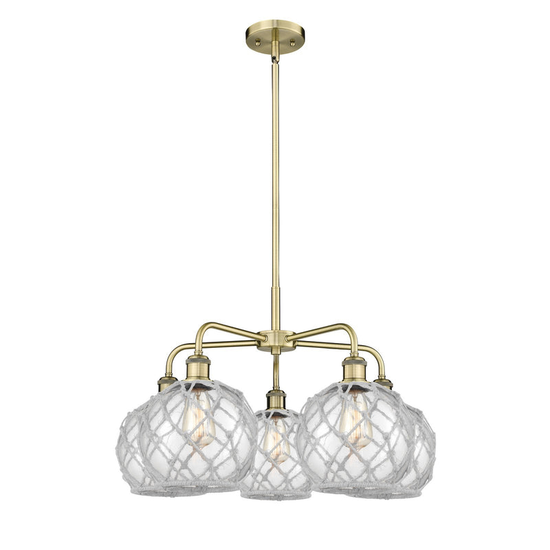 Innovations Farmhouse Rope 27in 5-Light Chandelier | Industrial Antique Brass and Clear Glass with White Rope | Dining Room & | Model 516-5CR-AB-G122-8RW