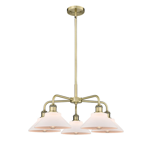 Innovations Orwell 26in 5-Light Chandelier | Industrial Antique Brass Steel and Matte White Glass | Dining Room & Living Room | Model 516-5CR-AB-G131
