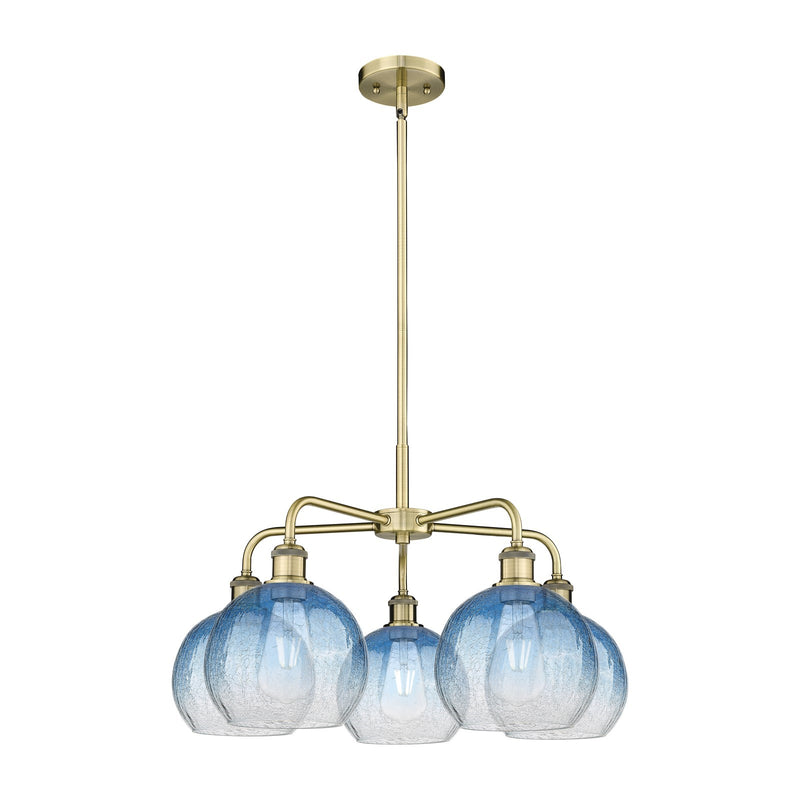 Innovations Brookhaven Globe 26in 5-Light Chandelier | Industrial Antique Brass and Sapphire Blue Glass | Dining Room & Living | Model 516-5CR-AB-G483-8SB