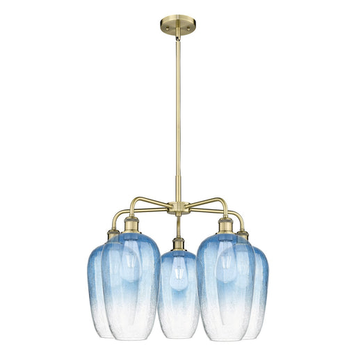 Innovations Brookhaven Flute 26in 5-Light Chandelier | Industrial Antique Brass and Sapphire Blue Glass | Dining Room & Living | Model 516-5CR-AB-G484-7SB
