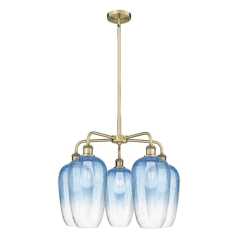 Innovations Brookhaven Flute 26in 5-Light Chandelier | Industrial Antique Brass and Sapphire Blue Glass | Dining Room & Living | Model 516-5CR-AB-G484-7SB
