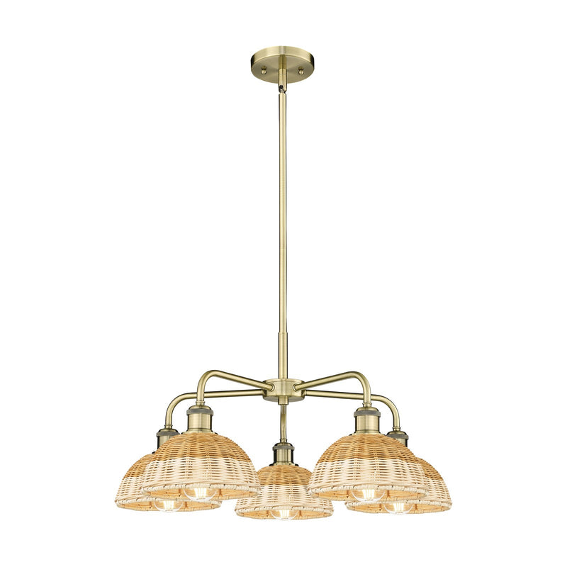 Innovations Lighting Bristol Natural II 26in 5-Light Chandelier | Industrial Antique Brass Steel and Natural Fiber Dome | Model 516-5CR-AB-NBD2-75-NAT