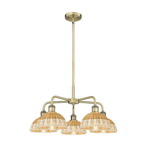 Innovations Lighting Bristol Natural II 26in 5-Light Chandelier | Industrial Antique Brass Steel and Natural Fiber Dome | Model 516-5CR-AB-NBD2-75-NAT