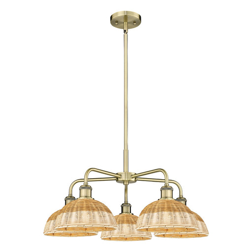 Innovations Bristol Natural II 28in 5-Light Chandelier | Industrial Antique Brass and Natural Fiber Dome Shade | Dining Room | Model 516-5CR-AB-NBD2-9-NAT