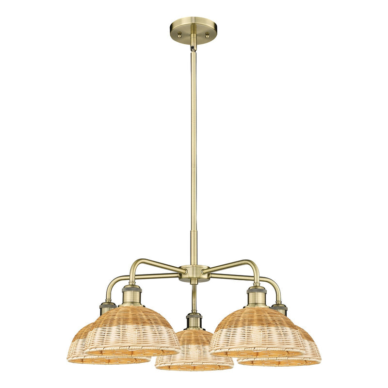 Innovations Bristol Natural II 28in 5-Light Chandelier | Industrial Antique Brass and Natural Fiber Dome Shade | Dining Room | Model 516-5CR-AB-NBD2-9-NAT