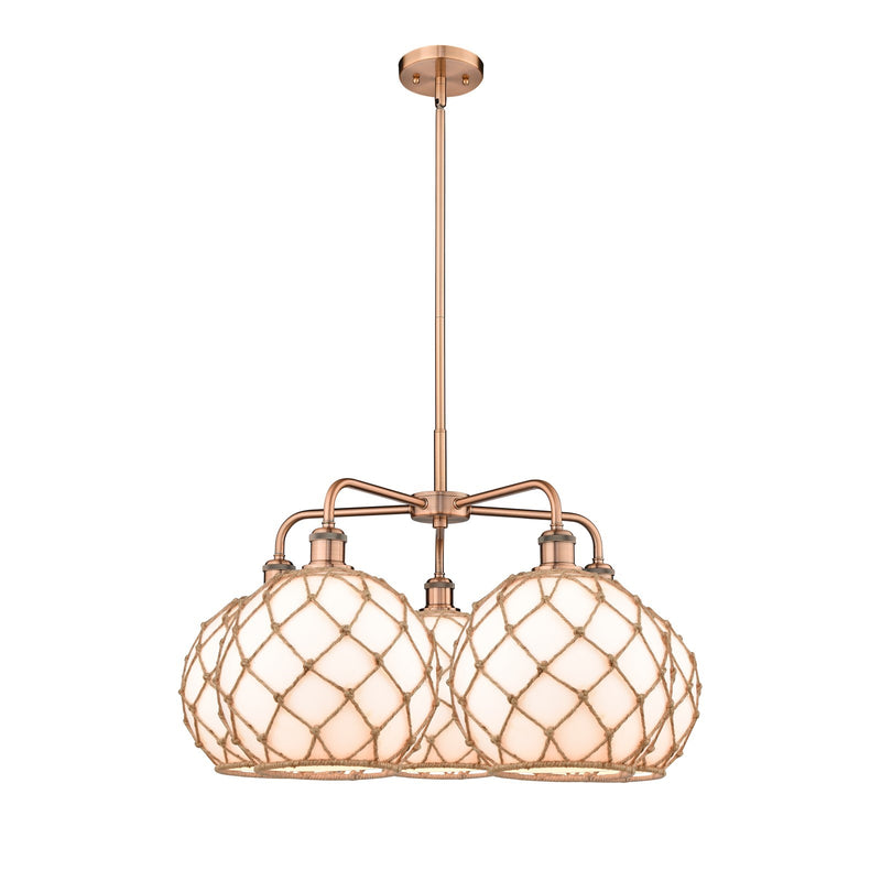 Innovations Farmhouse Rope 29in 5-Light Chandelier | Industrial Antique Copper Steel and Matte White Glass with Brown Rope | Model 516-5CR-AC-G121-10RB