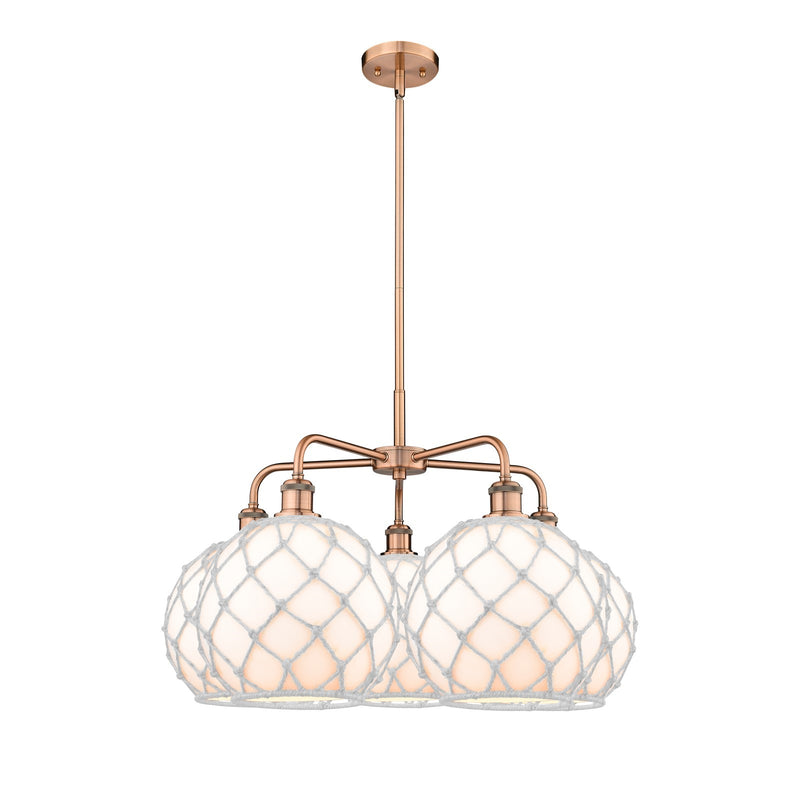 Innovations Farmhouse Rope 29in 5-Light Chandelier | Industrial Antique Copper Steel and White Glass with Rope | Dining Room | Model 516-5CR-AC-G121-10RW