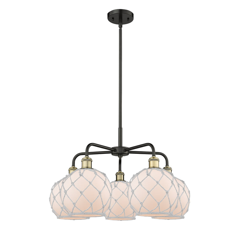 Innovations Farmhouse Rope 27in 5-Light Chandelier | Industrial Black Antique Brass and White Frosted Glass with Rope | Model 516-5CR-BAB-G121-8RW