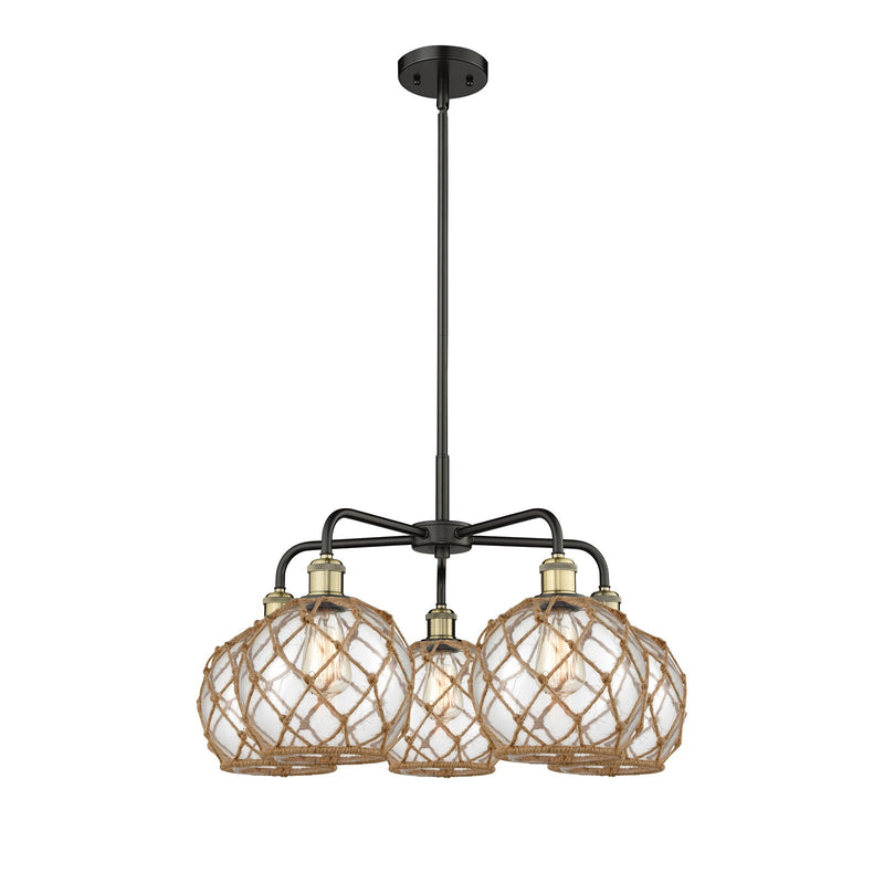Innovations Farmhouse Rope 27in 5-Light Chandelier | Industrial Black Antique Brass and Clear Glass Brown Rope | Dining Room | Model 516-5CR-BAB-G122-8RB