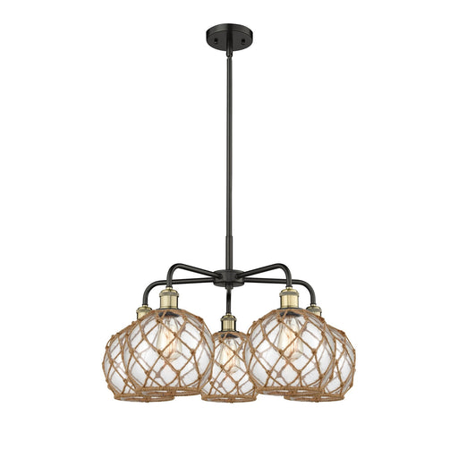 Innovations Farmhouse Rope 27in 5-Light Chandelier | Industrial Black Antique Brass and Clear Glass Brown Rope | Dining Room | Model 516-5CR-BAB-G122-8RB