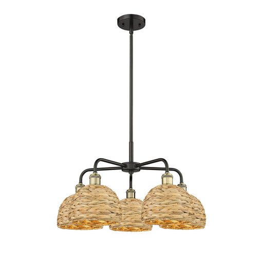 Innovations Ballston 27in 5-Light Chandelier | Industrial Black Antique Brass and Natural Rattan | Dining Room & Living Room | Model 516-5CR-BAB-RBD-8-NAT