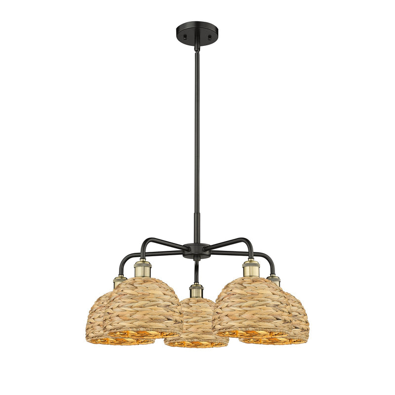 Innovations Ballston 27in 5-Light Chandelier | Industrial Black Antique Brass and Natural Rattan | Dining Room & Living Room | Model 516-5CR-BAB-RBD-8-NAT