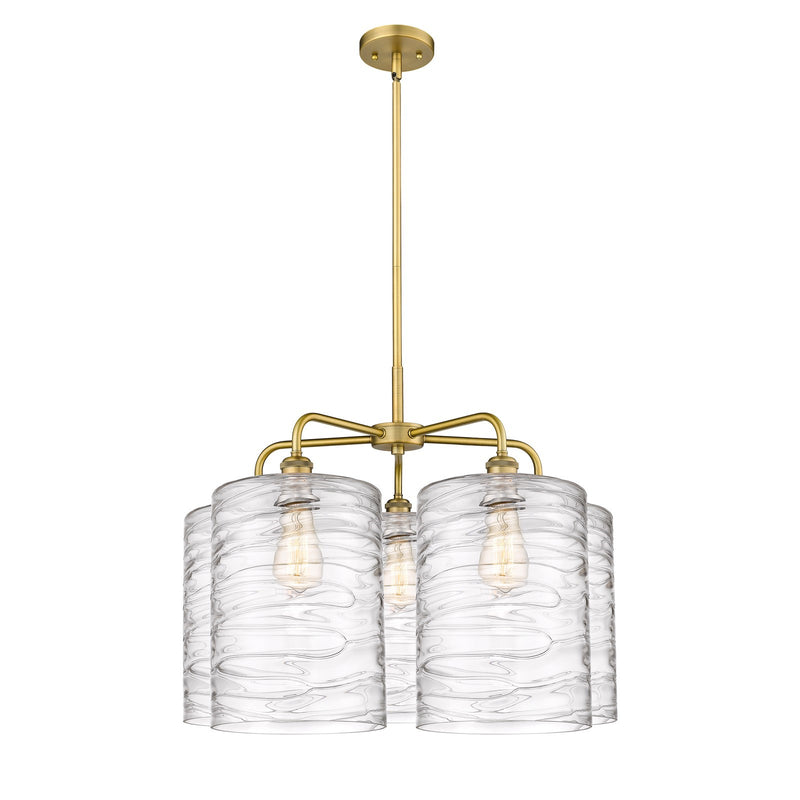 Innovations Cobbleskill 28in 5-Light Chandelier | Industrial Brushed Brass Steel and Deco Swirl Clear Glass | Dining Room & | Model 516-5CR-BB-G1113-L