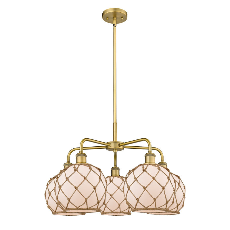 Innovations Farmhouse Rope 27in 5-Light Chandelier | Industrial Brushed Brass and White Glass with Brown Rope | Dining Room & | Model 516-5CR-BB-G121-8RB