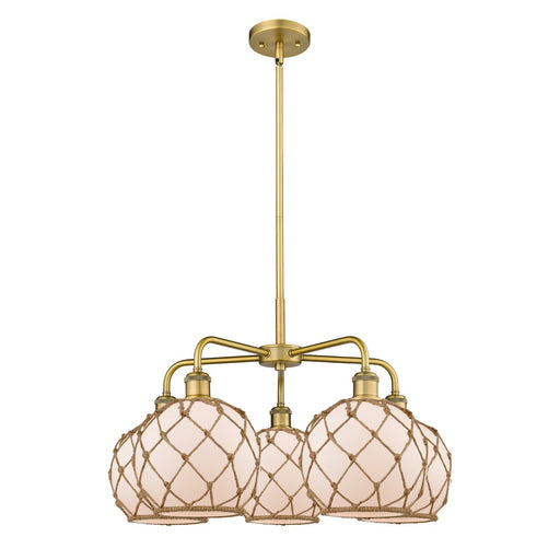 Innovations Farmhouse Rope 27in 5-Light Chandelier | Industrial Brushed Brass and White Glass with Brown Rope | Dining Room & | Model 516-5CR-BB-G121-8RB