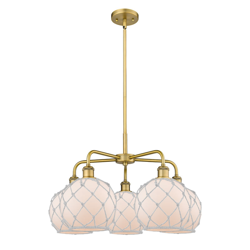 Innovations Farmhouse Rope 27in 5-Light Chandelier | Industrial Brushed Brass Steel and White Frosted Glass with Rope | Model 516-5CR-BB-G121-8RW