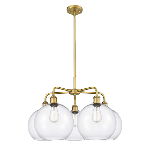 Innovations Athens 28in 5-Light Chandelier | Industrial Brushed Brass Steel and Clear Glass | Dining Room & Living Room | 28 x | Model 516-5CR-BB-G122-10