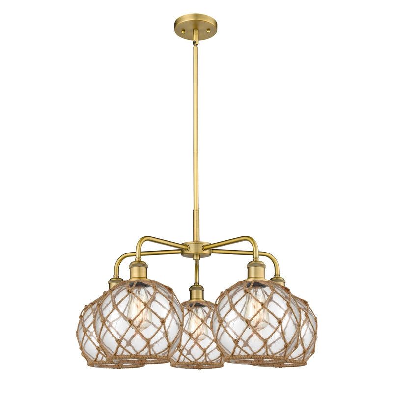 Innovations Farmhouse Rope 27in 5-Light Chandelier | Industrial Brushed Brass and Clear Glass with Brown Rope | Dining Room & | Model 516-5CR-BB-G122-8RB