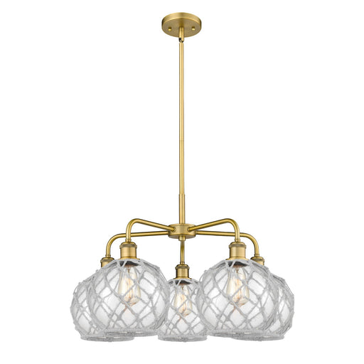 Innovations Farmhouse Rope 27in 5-Light Chandelier | Industrial Brushed Brass and Clear Glass with White Rope | Dining Room & | Model 516-5CR-BB-G122-8RW