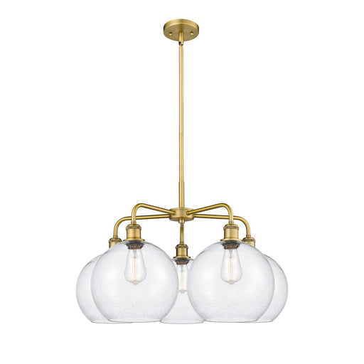 Innovations Athens 28in 5-Light Chandelier | Industrial Brushed Brass Steel and Seedy Glass | Dining Room & Living Room | 28 x | Model 516-5CR-BB-G124-10