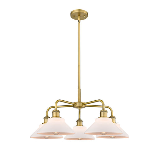 Innovations Orwell 26in 5-Light Chandelier | Industrial Brushed Brass and Matte White Glass | Kitchen Island & Dining Room | 26.38 | Model 516-5CR-BB-G131