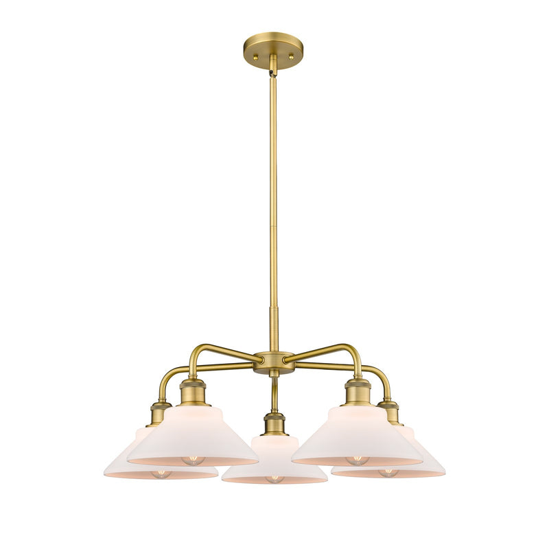 Innovations Orwell 26in 5-Light Chandelier | Industrial Brushed Brass and Matte White Glass | Kitchen Island & Dining Room | 26.38 | Model 516-5CR-BB-G131