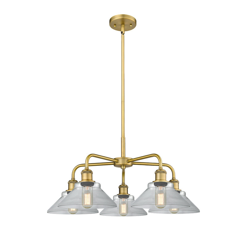 Innovations Orwell 26in 5-Light Chandelier | Industrial Brushed Brass and Clear Glass | Dining Room & Living Room | 26.38 x 26.38 | Model 516-5CR-BB-G132