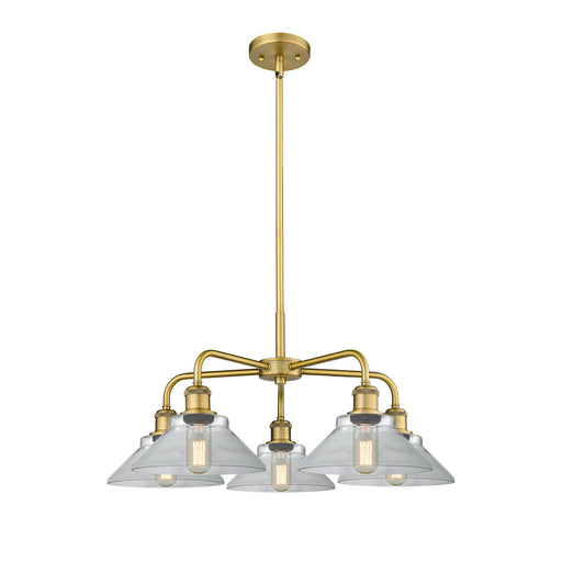 Innovations Orwell 26in 5-Light Chandelier | Industrial Brushed Brass and Clear Glass | Dining Room & Living Room | 26.38 x 26.38 | Model 516-5CR-BB-G132